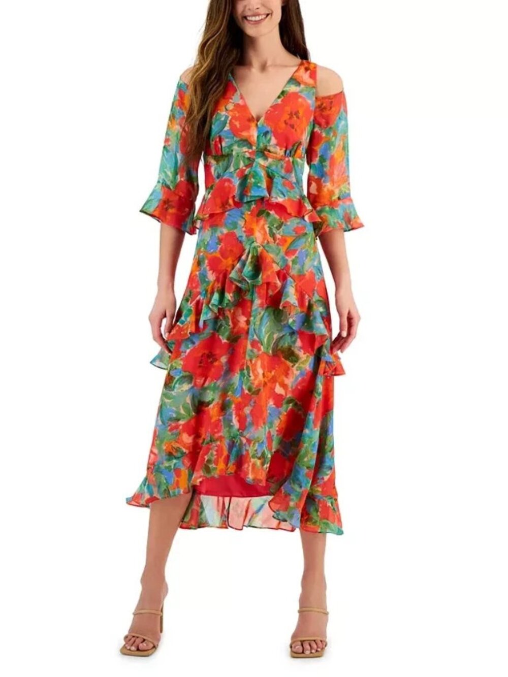 Tahari ASL Floral Print Cold Shoulder Midi Dress Size 12 (runs small) NWT $159
